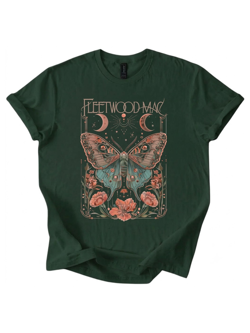 Gildan Dark Green Graphic Tee - Moth & Floral Design